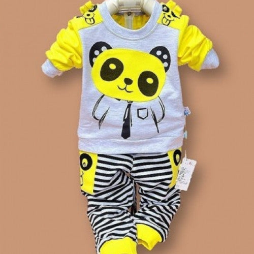 Kids Set Suit Baby Panda Cartoon Casual Long-sleeved Striped T-shirt + Pants